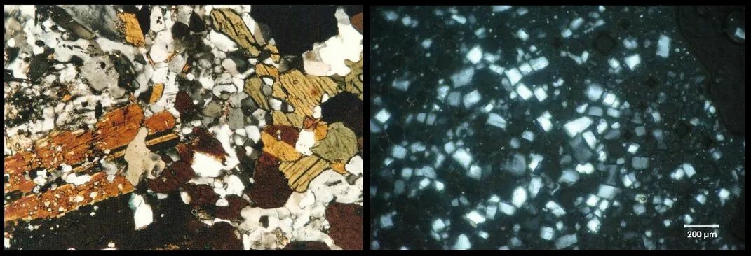 在显微镜下可以看到，岩石薄片有几种不同颜色的矿物晶体（左），冰淇淋中的冰晶在偏振光下闪闪发光（右）。｜左：Flickr user Leo-setä，右：Maxim Bilovitskiy
